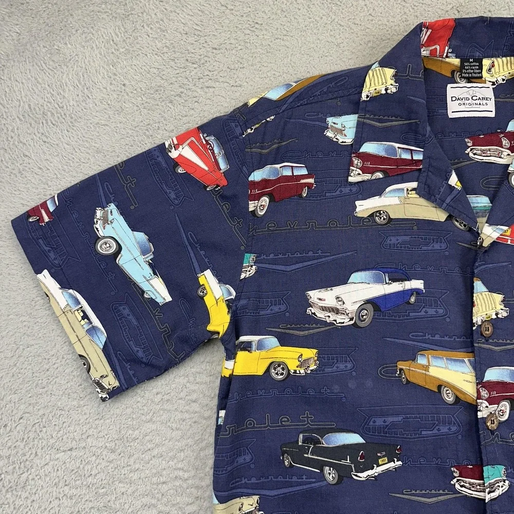 David Carey Shirt Mens‎ Medium Navy Hawaiian Aloha Camp Chevrolet Classic Cars